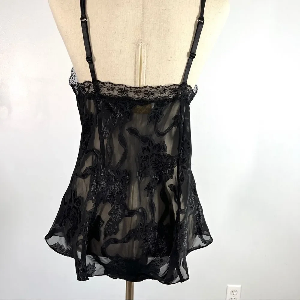 Vintage Victoria’s Secret Black Jacquard One Piece Bodysuit Negligee Great L